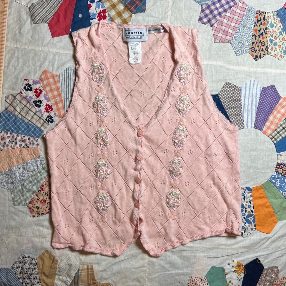 Jantzen Classics Vintage Pink Embroidered Knit Sweater Vest Pointelle Size M